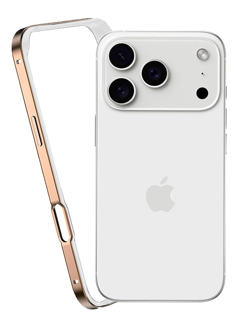 iPhone 17 Pro Aluminum Frame Metal Bumper Frame Slim Hard Case Cover, Metal Frame Armor with Soft Inner Bumper, Raised Edge Protection for iPhone 17 Pro 6.3", Titanium Gold